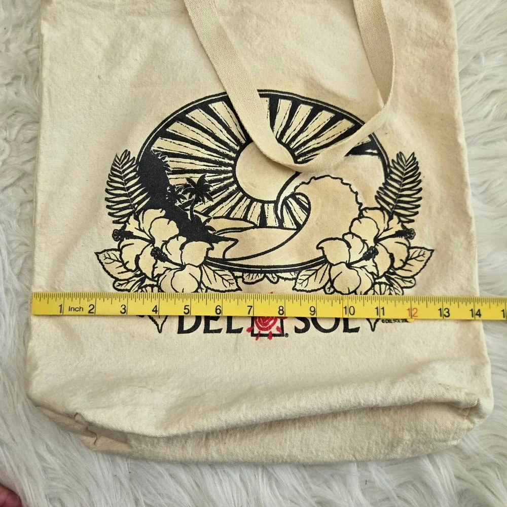 Del Sol Canvas Tote‎ Bag Cream Cotton Tropical Wave Hibiscus Beach Shopper